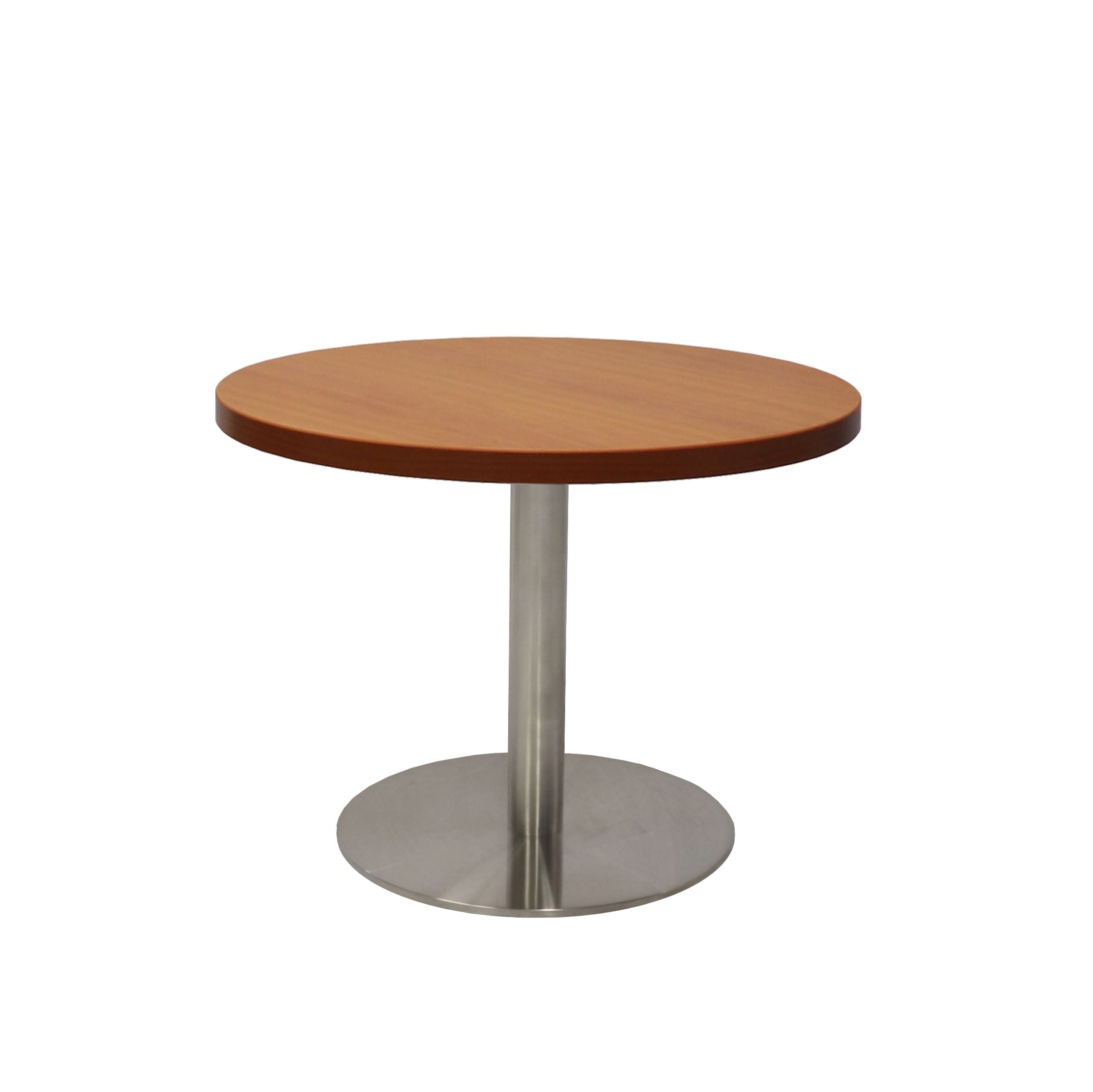 Circular Coffee Table with stainless steel flat disc base and cherry top